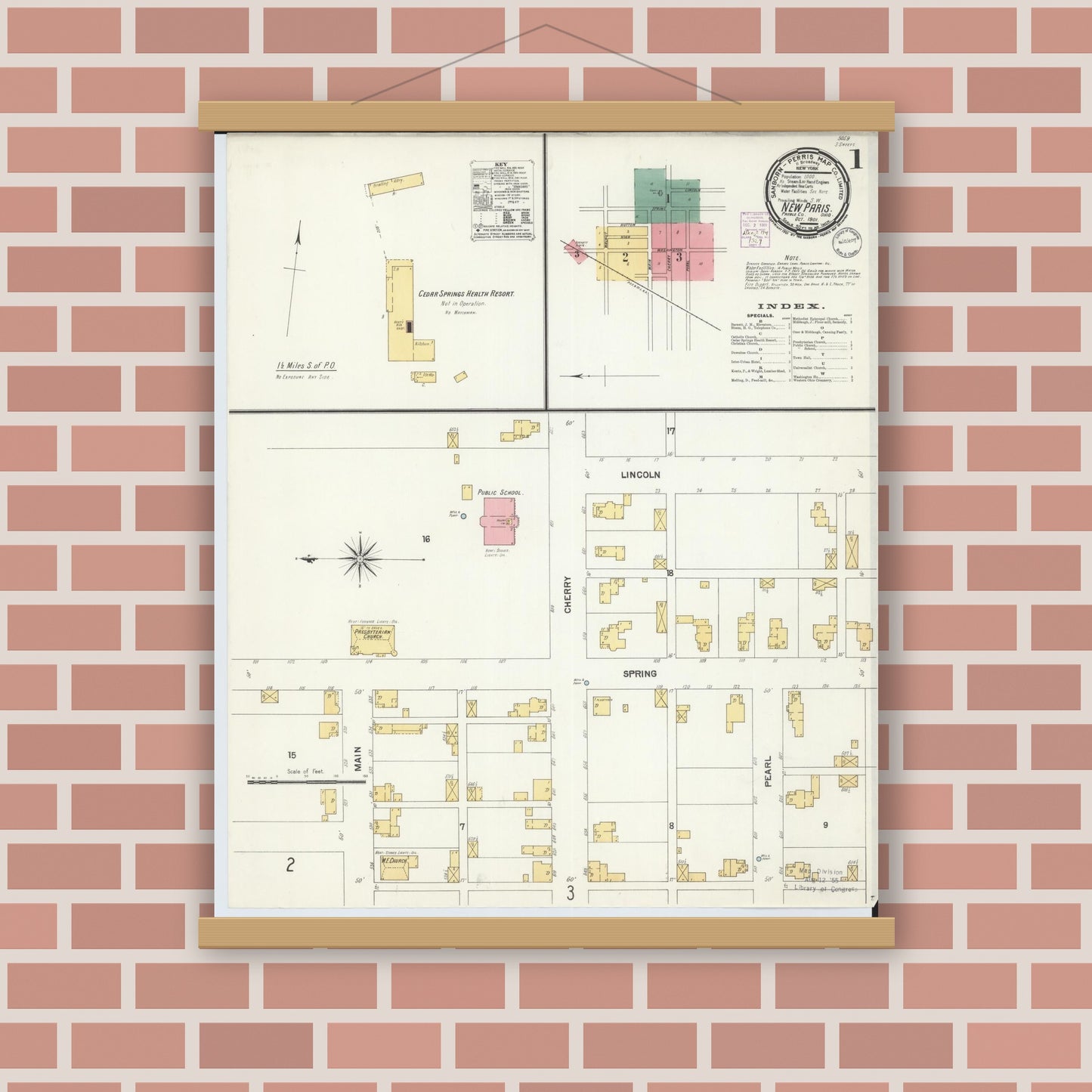 Old map wall art mockup — magnetic wood frame on brick wall — Sanborn Fire Insurance Map from New Paris, Preble County, Ohio (1901) - Complete Map Set