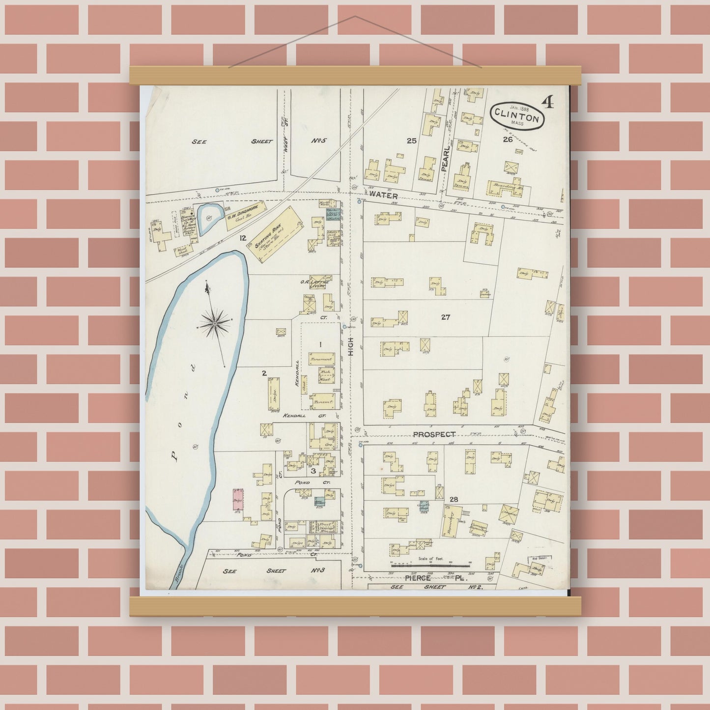 Old map wall art mockup — magnetic wood frame on brick wall — Sanborn Fire Insurance Map from Clinton, Worcester County, Massachusetts (1888), Sheet #0004