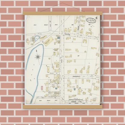 Old map wall art mockup — magnetic wood frame on brick wall — Sanborn Fire Insurance Map from Clinton, Worcester County, Massachusetts (1888), Sheet #0004