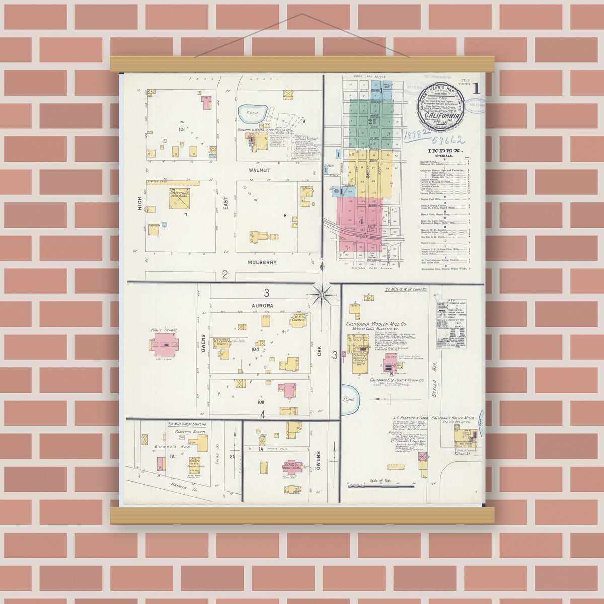 Old map wall art mockup — magnetic wood frame on brick wall — Sanborn Fire Insurance Map from California, Moniteau County, Missouri (1898) - Complete Map Set