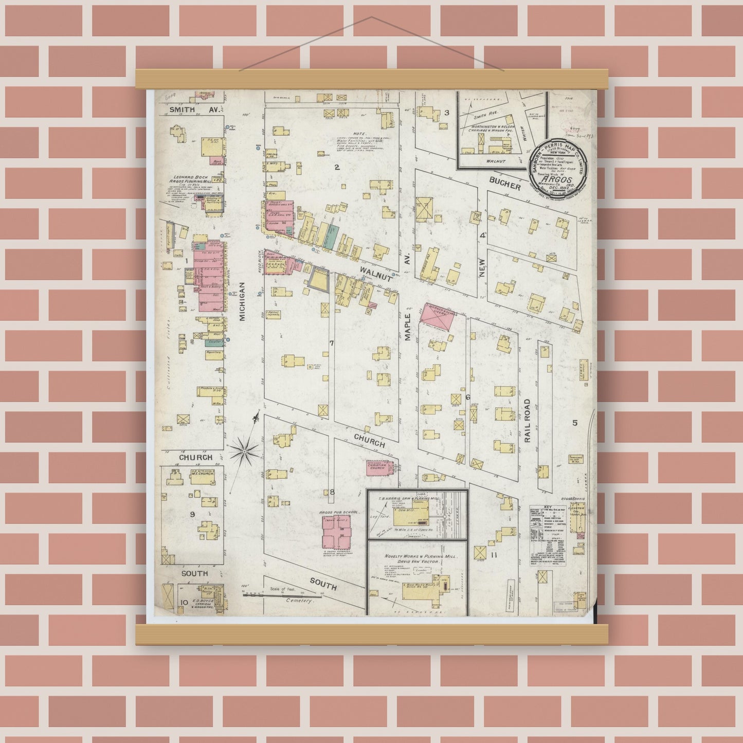 Old map wall art mockup — magnetic wood frame on brick wall — Sanborn Fire Insurance Map from Argos, Marshall County, Indiana (1892), Sheet #0001
