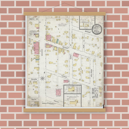 Old map wall art mockup — magnetic wood frame on brick wall — Sanborn Fire Insurance Map from Argos, Marshall County, Indiana (1892), Sheet #0001