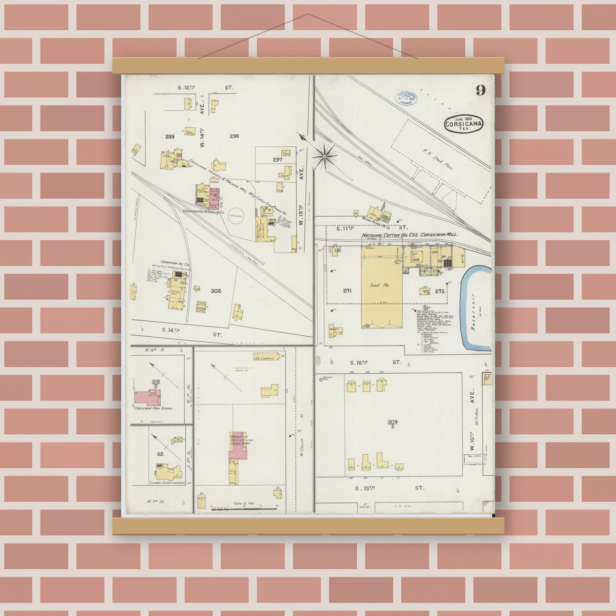 Old map wall art mockup — magnetic wood frame on brick wall — Sanborn Fire Insurance Map from Corsicana, Navarro County, Texas (1894), Sheet #0009