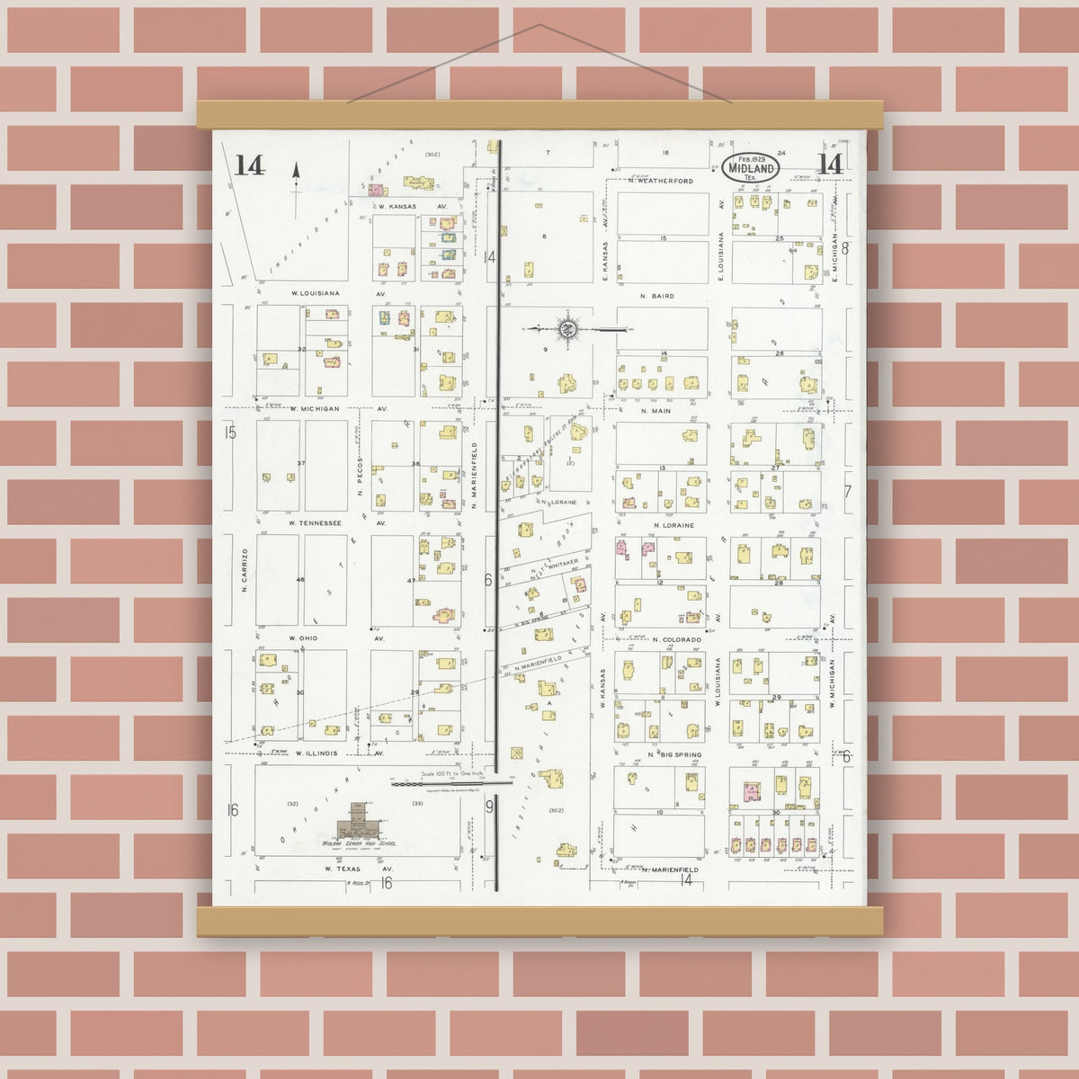 Old map wall art mockup — magnetic wood frame on brick wall — Sanborn Fire Insurance Map from Midland, Midland County, Texas (1929), Sheet #0014