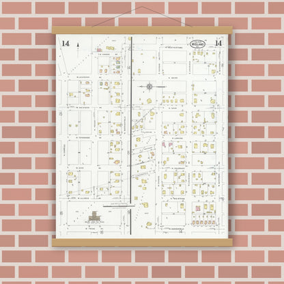 Old map wall art mockup — magnetic wood frame on brick wall — Sanborn Fire Insurance Map from Midland, Midland County, Texas (1929), Sheet #0014