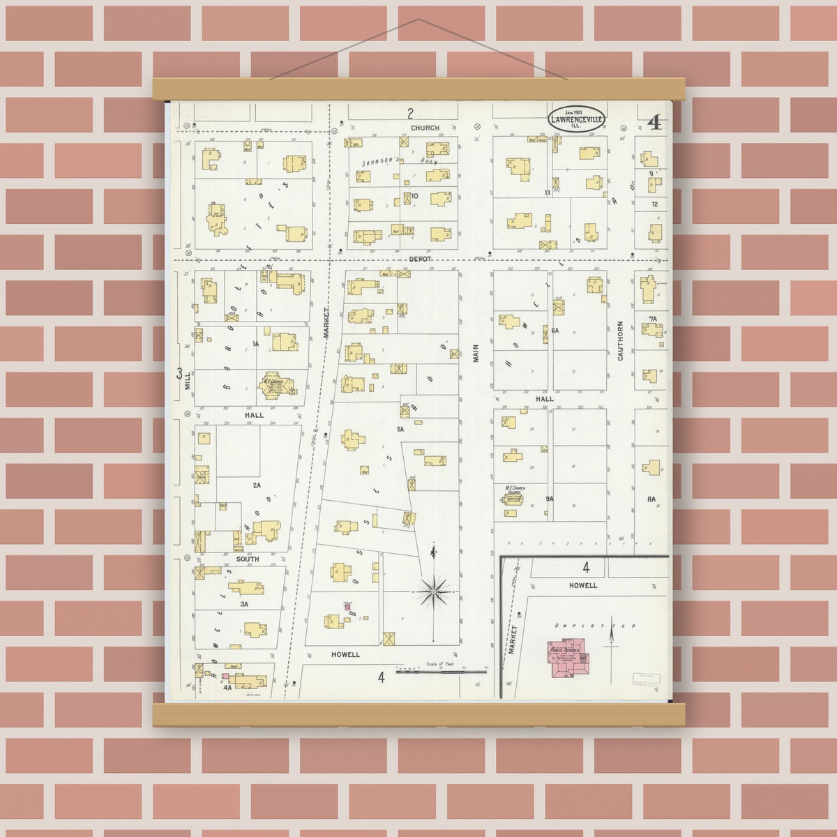 Old map wall art mockup — magnetic wood frame on brick wall — Sanborn Fire Insurance Map from Lawrenceville, Lawrence County, Illinois (1901), Sheet #0004