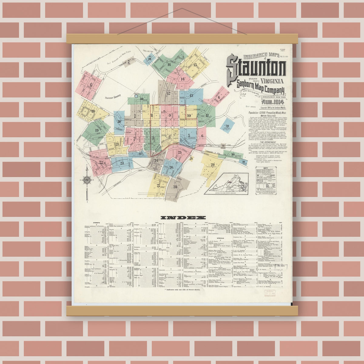 Old map wall art mockup — magnetic wood frame on brick wall — Sanborn Fire Insurance Map from Staunton, Independent Cities, Virginia (1914), Sheet #0001