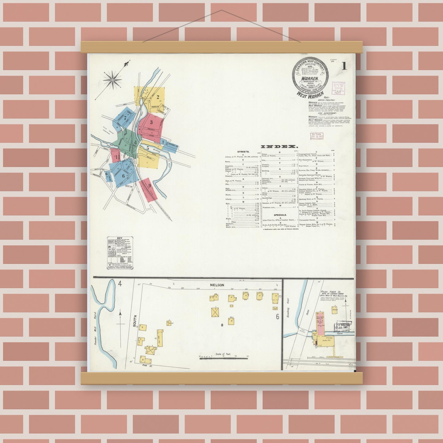 Old map wall art mockup — magnetic wood frame on brick wall — Sanborn Fire Insurance Map from Warren, Worcester County, Massachusetts (1906) - Complete Map Set
