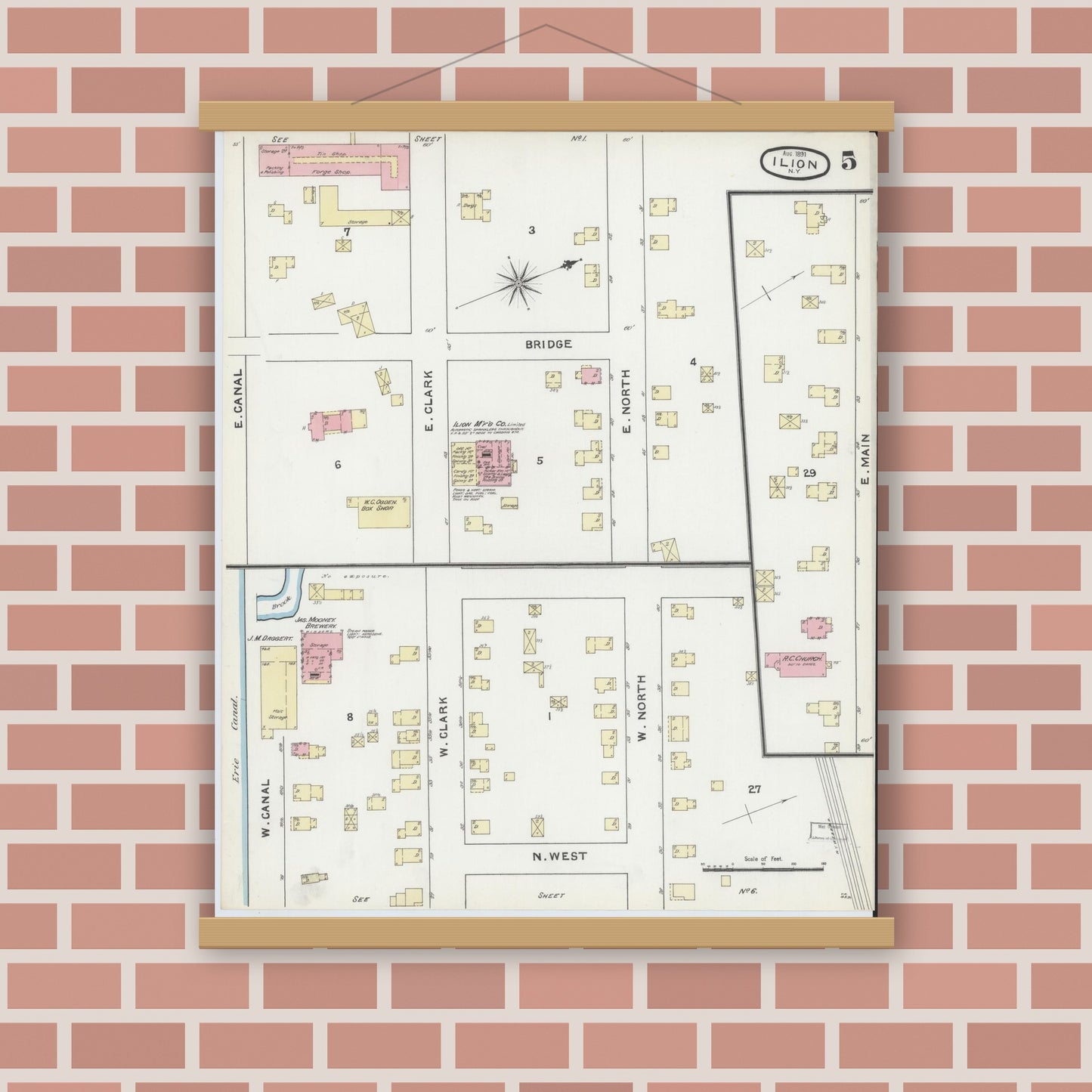 Old map wall art mockup — magnetic wood frame on brick wall — Sanborn Fire Insurance Map from Ilion, Herkimer County, New York (1891), Sheet #0005