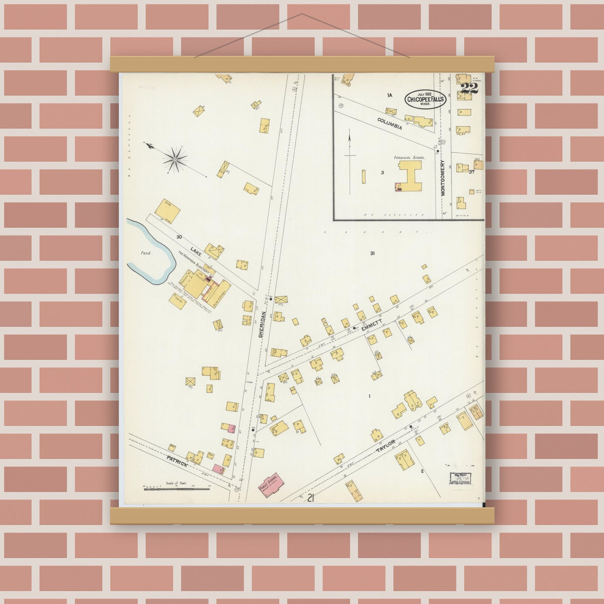 Old map wall art mockup — magnetic wood frame on brick wall — Sanborn Fire Insurance Map from Chicopee, Hampden County, Massachusetts (1902), Sheet #0022