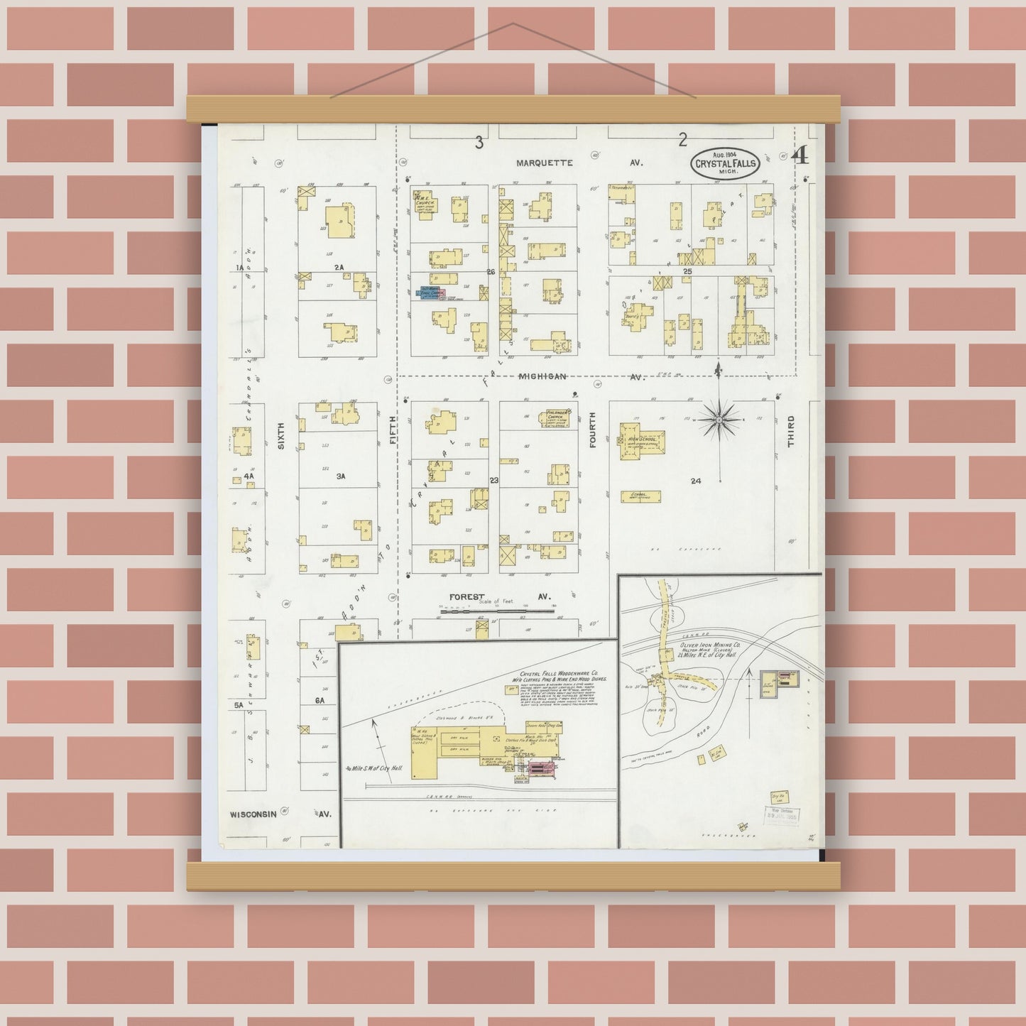 Old map wall art mockup — magnetic wood frame on brick wall — Sanborn Fire Insurance Map from Crystal Falls, Iron County, Michigan (1904), Sheet #0004