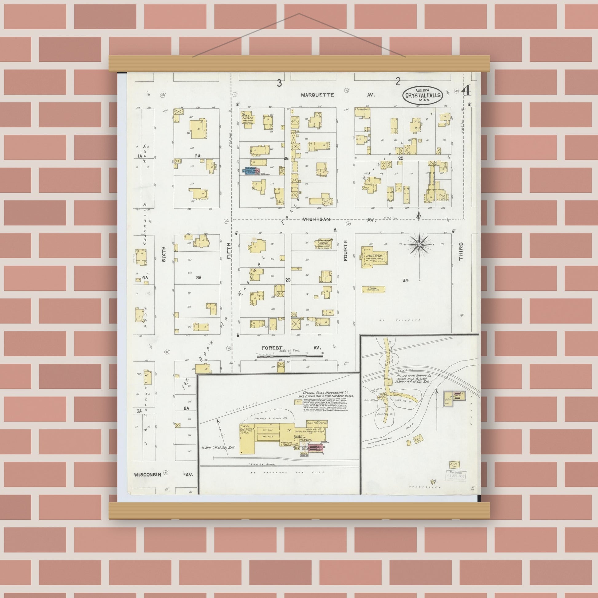 Old map wall art mockup — magnetic wood frame on brick wall — Sanborn Fire Insurance Map from Crystal Falls, Iron County, Michigan (1904), Sheet #0004