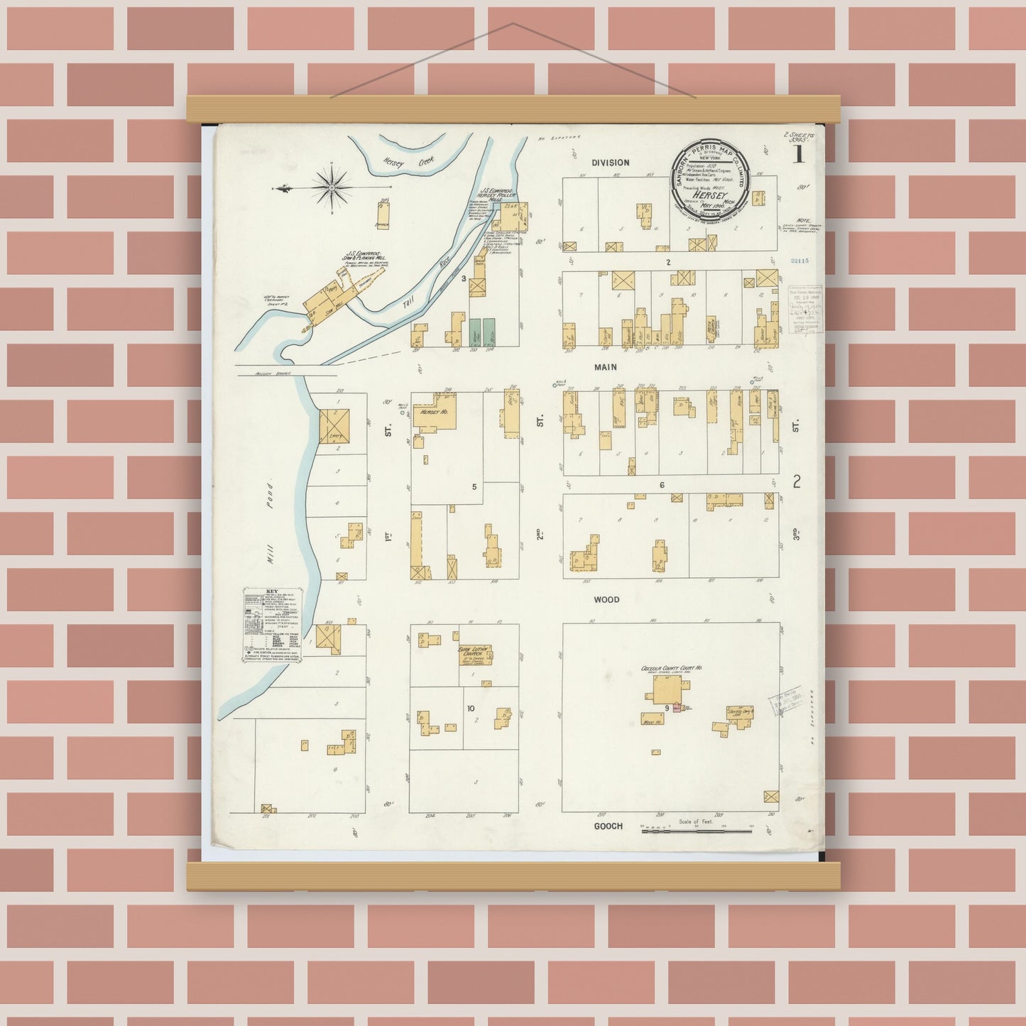 Old map wall art mockup — magnetic wood frame on brick wall — Sanborn Fire Insurance Map from Hersey, Osceola County, Michigan (1900) - Complete Map Set