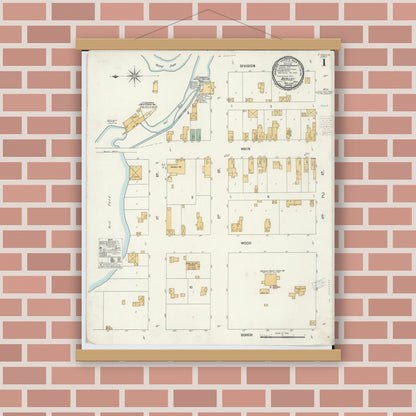 Old map wall art mockup — magnetic wood frame on brick wall — Sanborn Fire Insurance Map from Hersey, Osceola County, Michigan (1900) - Complete Map Set