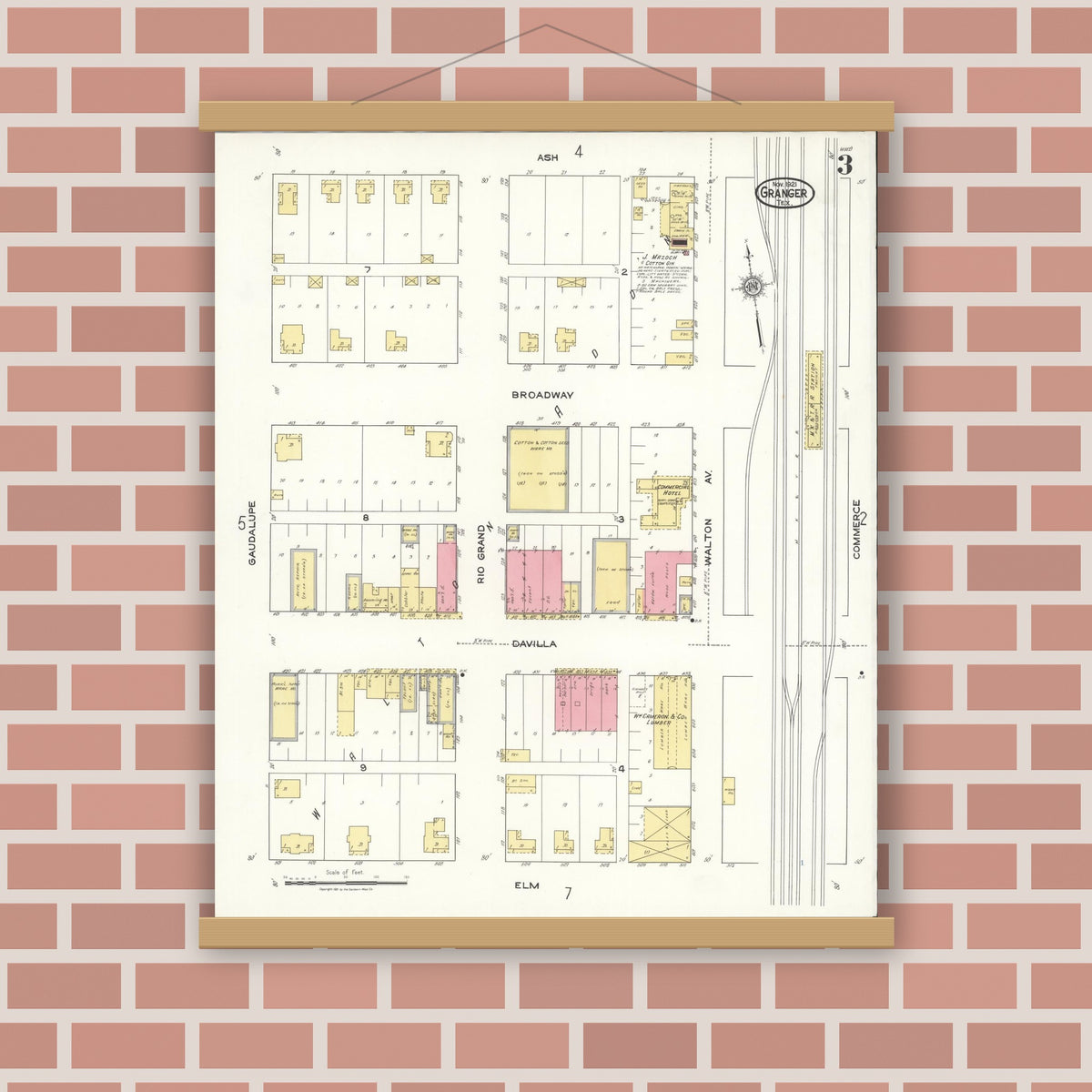 Old map wall art mockup — magnetic wood frame on brick wall — Sanborn Fire Insurance Map from Granger, Williamson County, Texas (1921), Sheet #0003