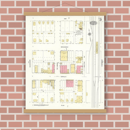 Old map wall art mockup — magnetic wood frame on brick wall — Sanborn Fire Insurance Map from Granger, Williamson County, Texas (1921), Sheet #0003