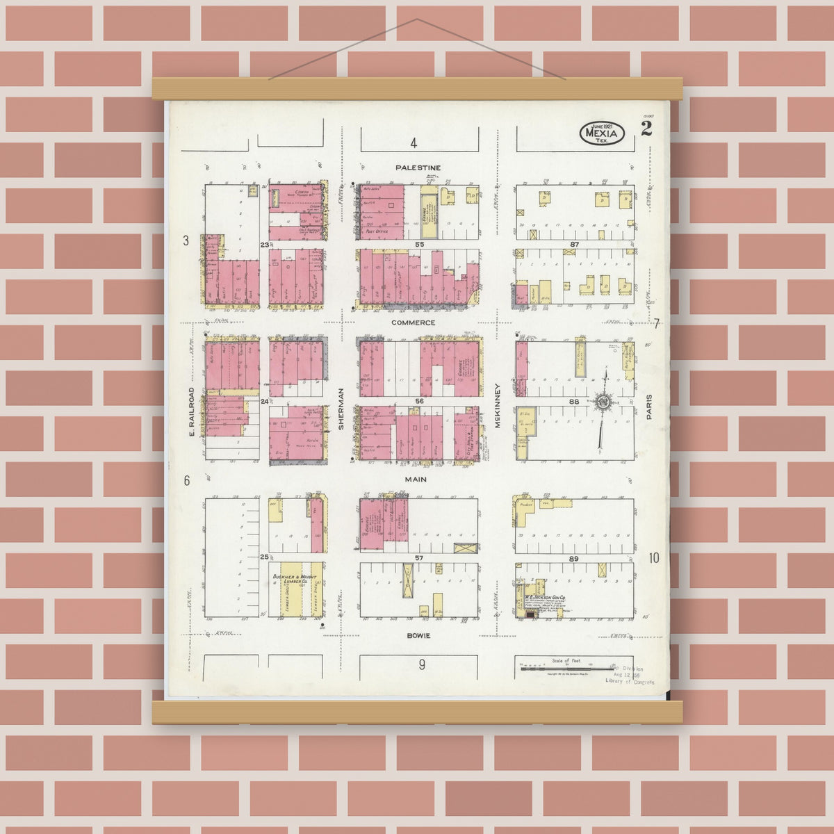 Old map wall art mockup — magnetic wood frame on brick wall — Sanborn Fire Insurance Map from Mexia, Limestone County, Texas (1921), Sheet #0002