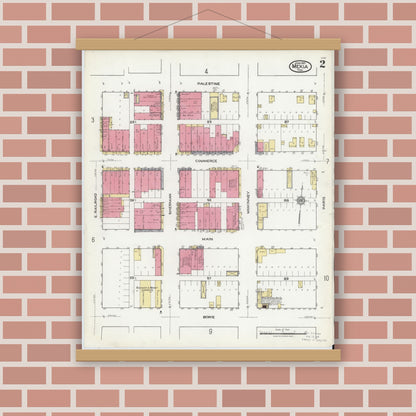 Old map wall art mockup — magnetic wood frame on brick wall — Sanborn Fire Insurance Map from Mexia, Limestone County, Texas (1921), Sheet #0002