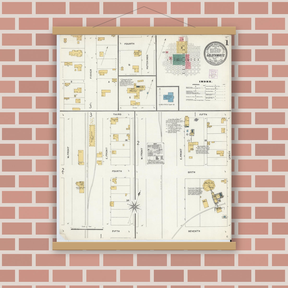 Old map wall art mockup — magnetic wood frame on brick wall — Sanborn Fire Insurance Map from Goldthwaite, Mills County, Texas (1904) - Complete Map Set