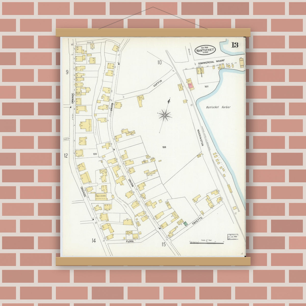 Old map wall art mockup — magnetic wood frame on brick wall — Sanborn Fire Insurance Map from Nantucket, Nantucket County, Massachusetts (1904), Sheet #0013