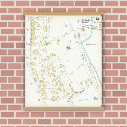 Old map wall art mockup — magnetic wood frame on brick wall — Sanborn Fire Insurance Map from Nantucket, Nantucket County, Massachusetts (1904), Sheet #0013