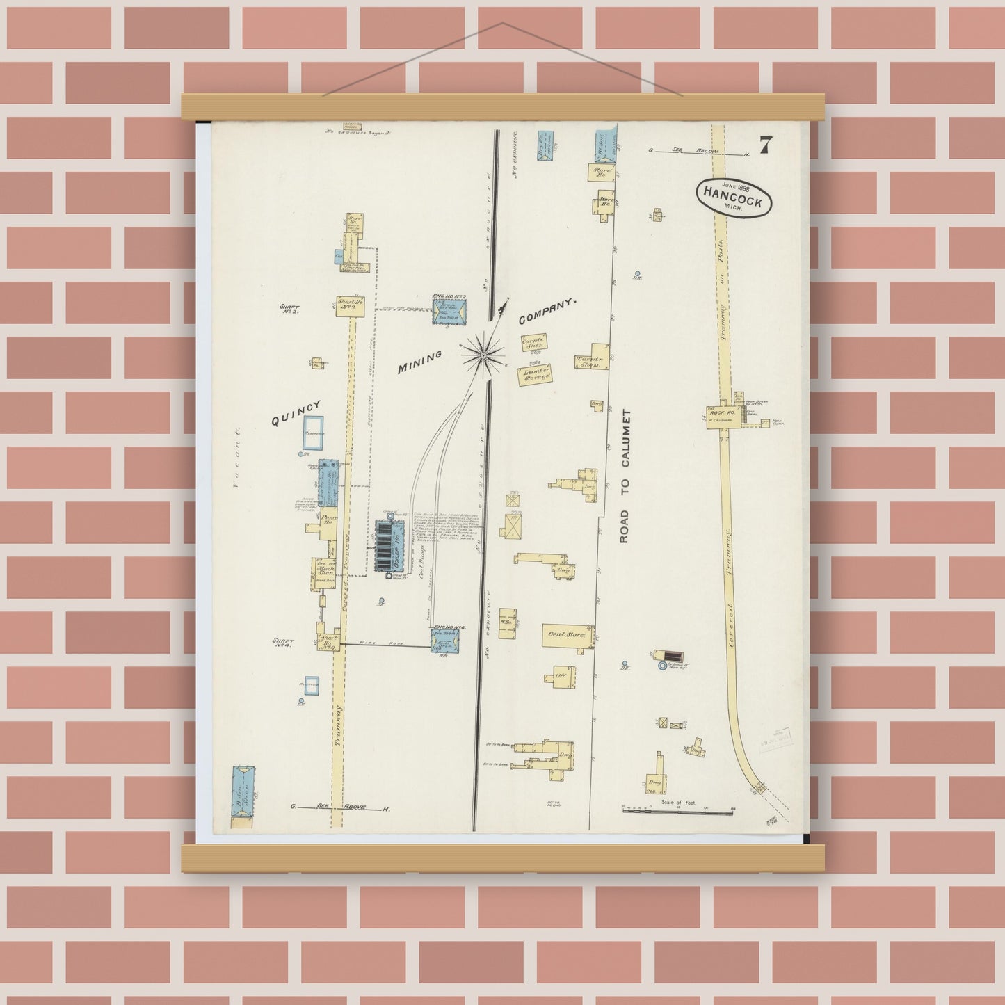 Old map wall art mockup — magnetic wood frame on brick wall — Sanborn Fire Insurance Map from Houghton, Houghton County, Michigan (1888), Sheet #0007