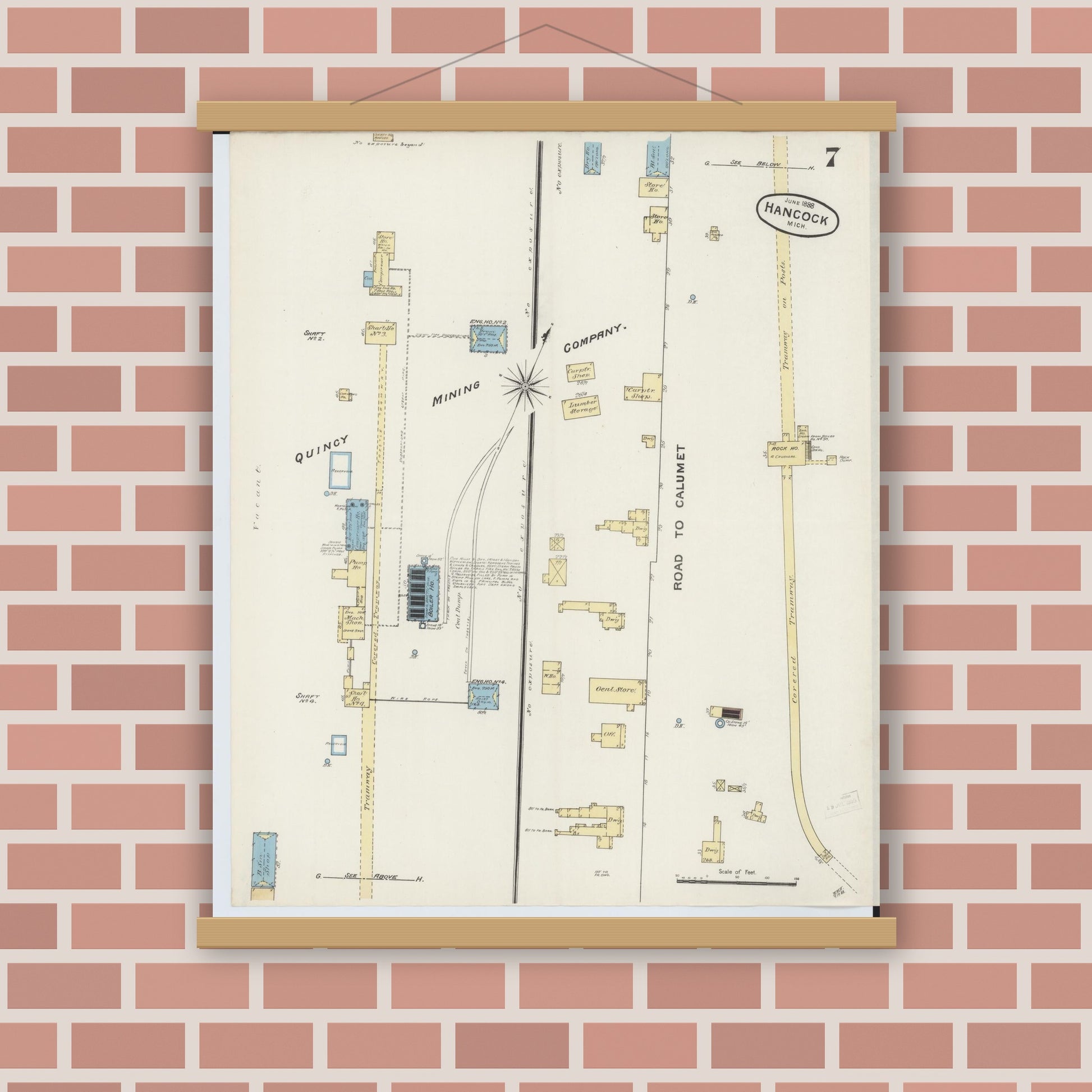 Old map wall art mockup — magnetic wood frame on brick wall — Sanborn Fire Insurance Map from Houghton, Houghton County, Michigan (1888), Sheet #0007