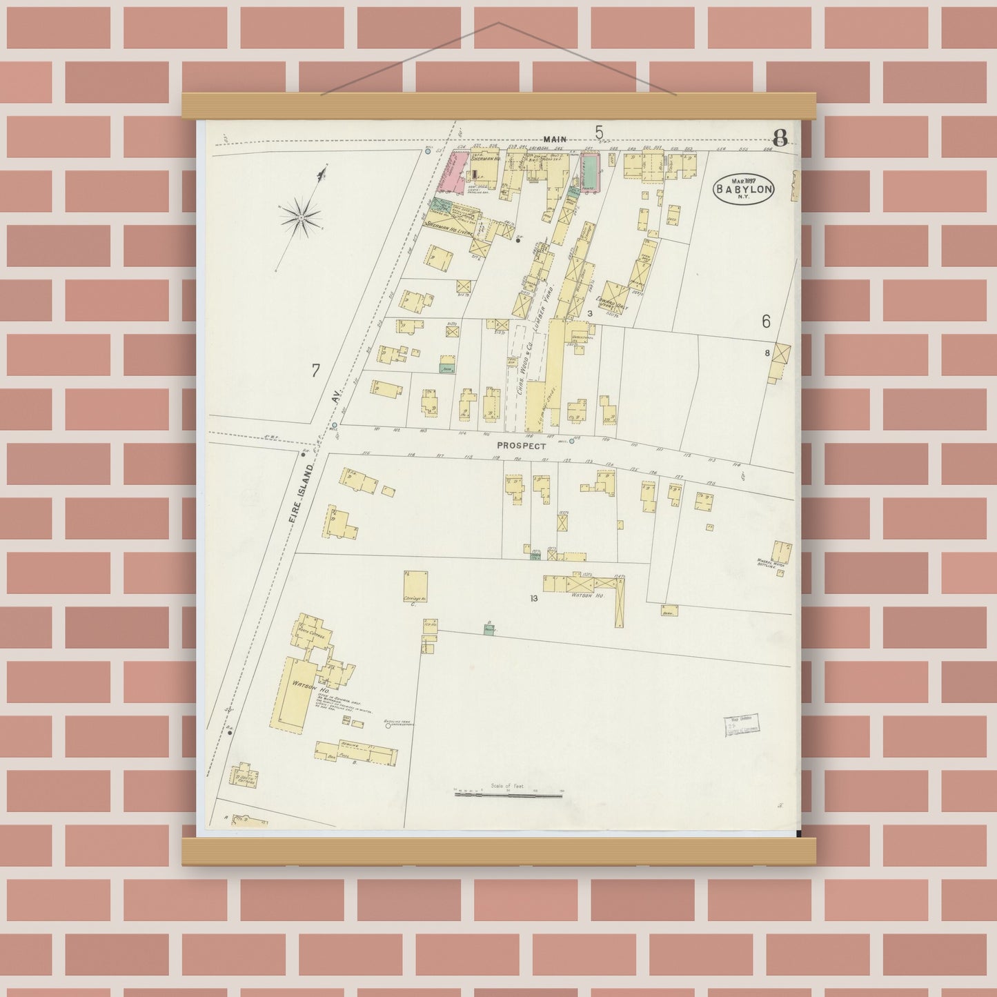 Old map wall art mockup — magnetic wood frame on brick wall — Sanborn Fire Insurance Map from Babylon, Suffolk County, New York (1897), Sheet #0008