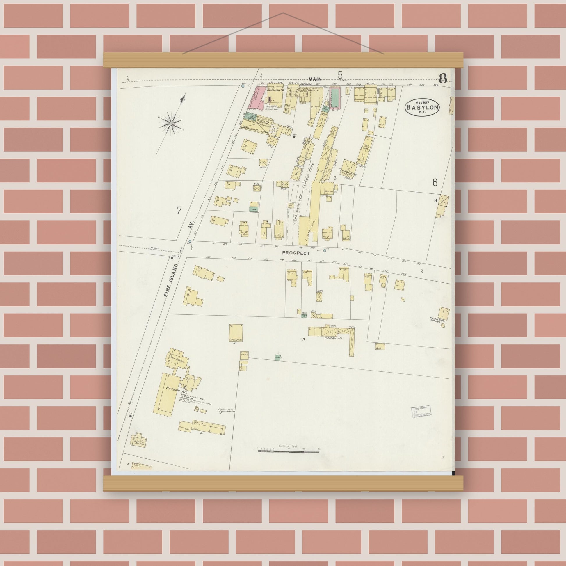 Old map wall art mockup — magnetic wood frame on brick wall — Sanborn Fire Insurance Map from Babylon, Suffolk County, New York (1897), Sheet #0008