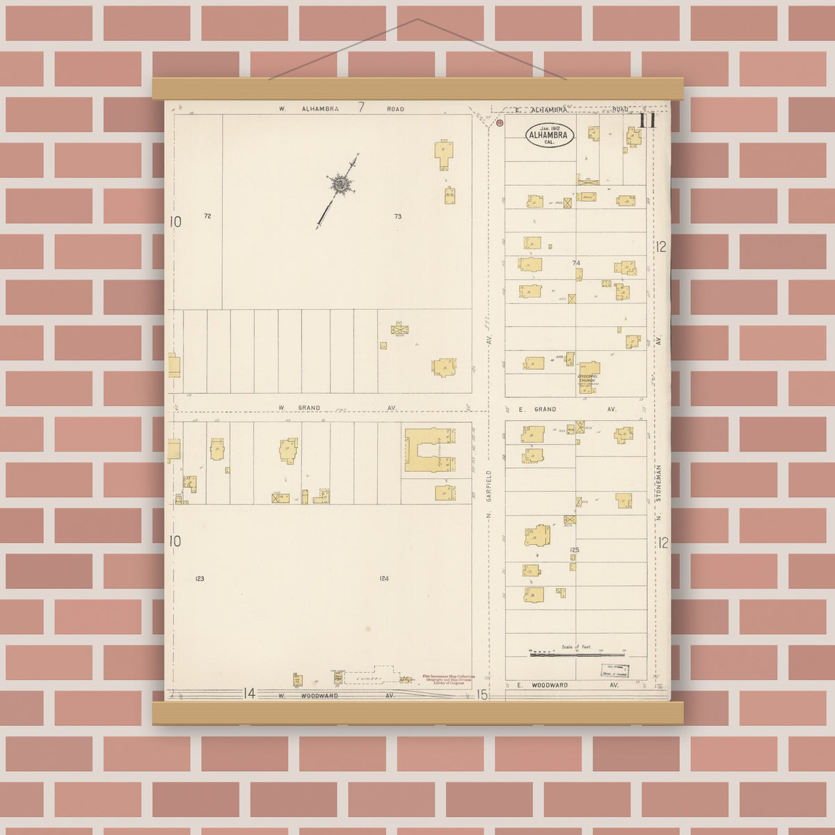 Old map wall art mockup — magnetic wood frame on brick wall — Sanborn Fire Insurance Map from Alhambra, Los Angeles County, California (1912), Sheet #0011