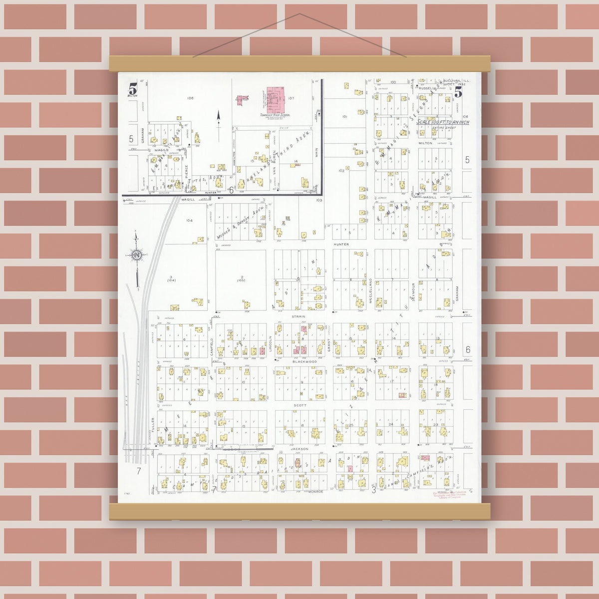 Old map wall art mockup — magnetic wood frame on brick wall — Sanborn Fire Insurance Map from Sullivan, Moultrie County, Illinois (1932), Sheet #0005