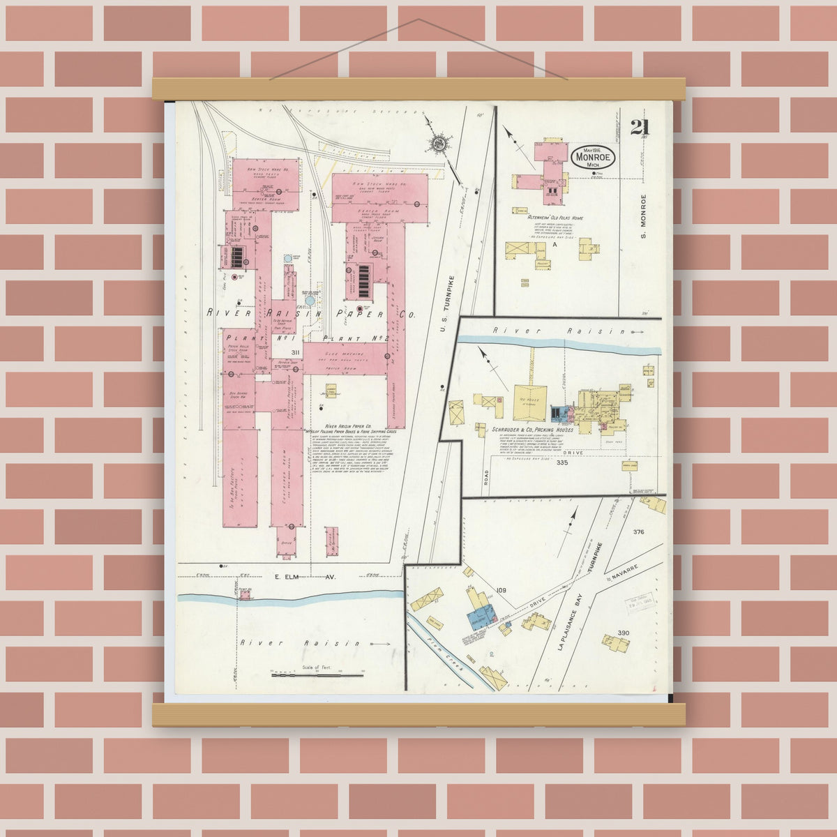 Old map wall art mockup — magnetic wood frame on brick wall — Sanborn Fire Insurance Map from Monroe, Monroe County, Michigan (1916), Sheet #0021