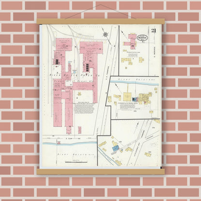 Old map wall art mockup — magnetic wood frame on brick wall — Sanborn Fire Insurance Map from Monroe, Monroe County, Michigan (1916), Sheet #0021