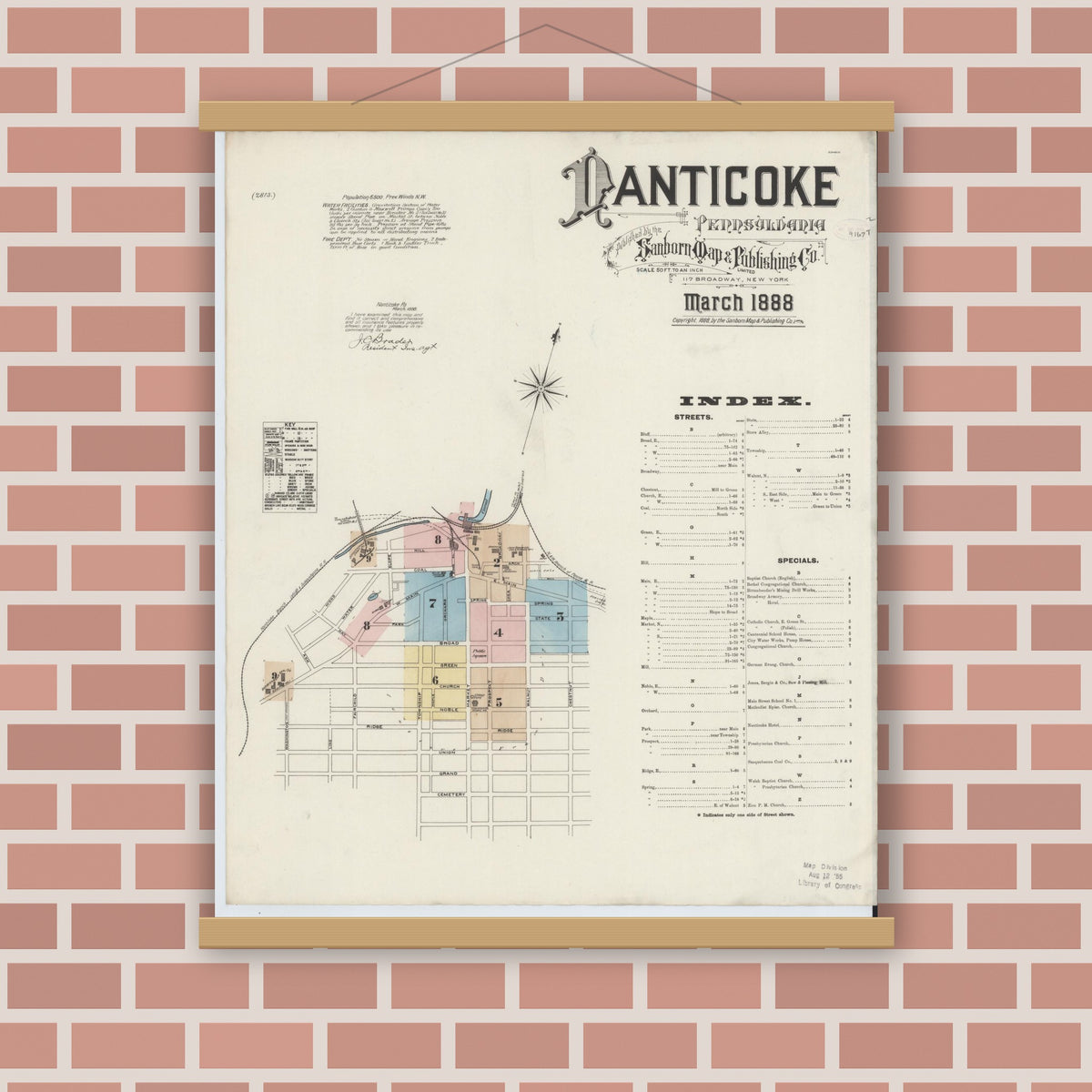 Old map wall art mockup — magnetic wood frame on brick wall — Sanborn Fire Insurance Map from Nanticoke, Luzerne County, Pennsylvania (1888) - Complete Map Set