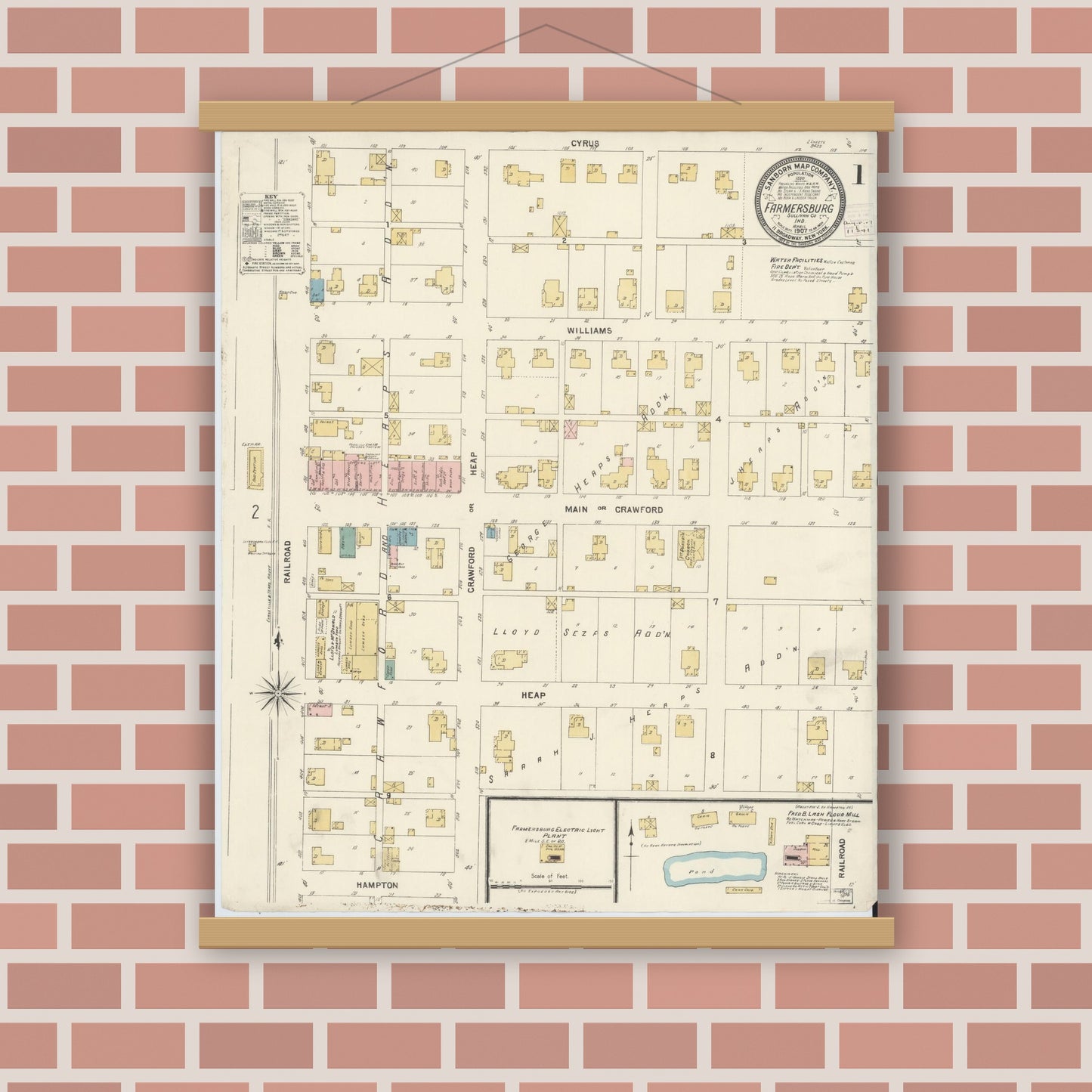 Old map wall art mockup — magnetic wood frame on brick wall — Sanborn Fire Insurance Map from Farmland, Randolph County, Indiana (1907) - Complete Map Set