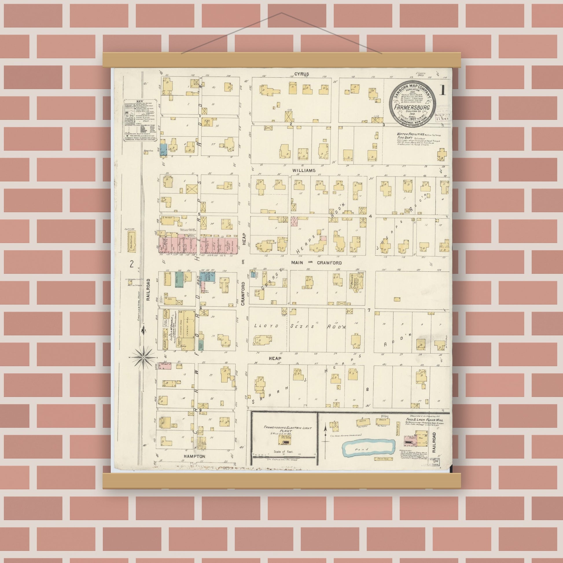 Old map wall art mockup — magnetic wood frame on brick wall — Sanborn Fire Insurance Map from Farmland, Randolph County, Indiana (1907) - Complete Map Set