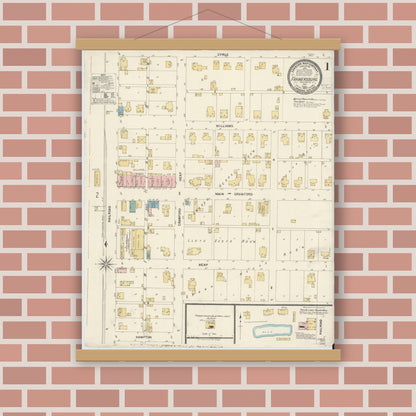 Old map wall art mockup — magnetic wood frame on brick wall — Sanborn Fire Insurance Map from Farmland, Randolph County, Indiana (1907) - Complete Map Set