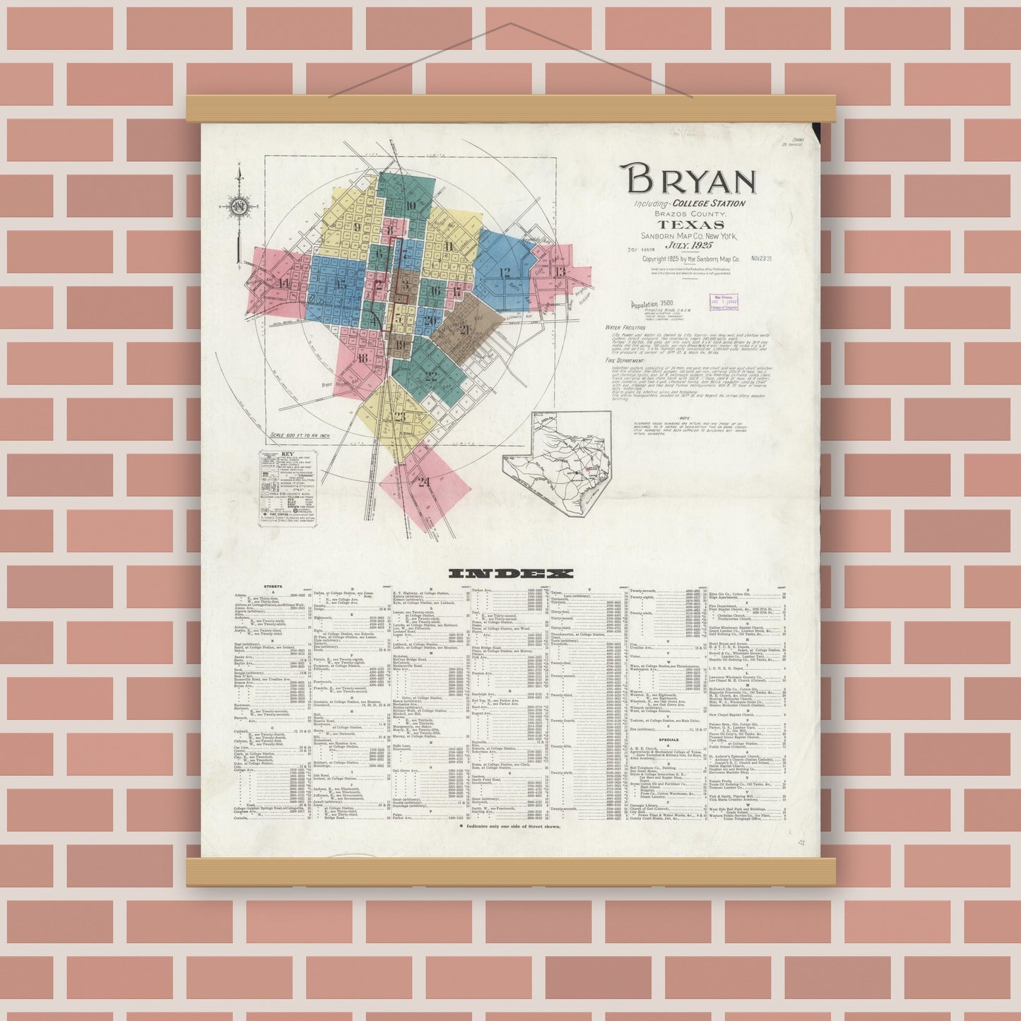 Old map wall art mockup — magnetic wood frame on brick wall — Sanborn Fire Insurance Map from Bryan, Brazos County, Texas (1925), Sheet #0001