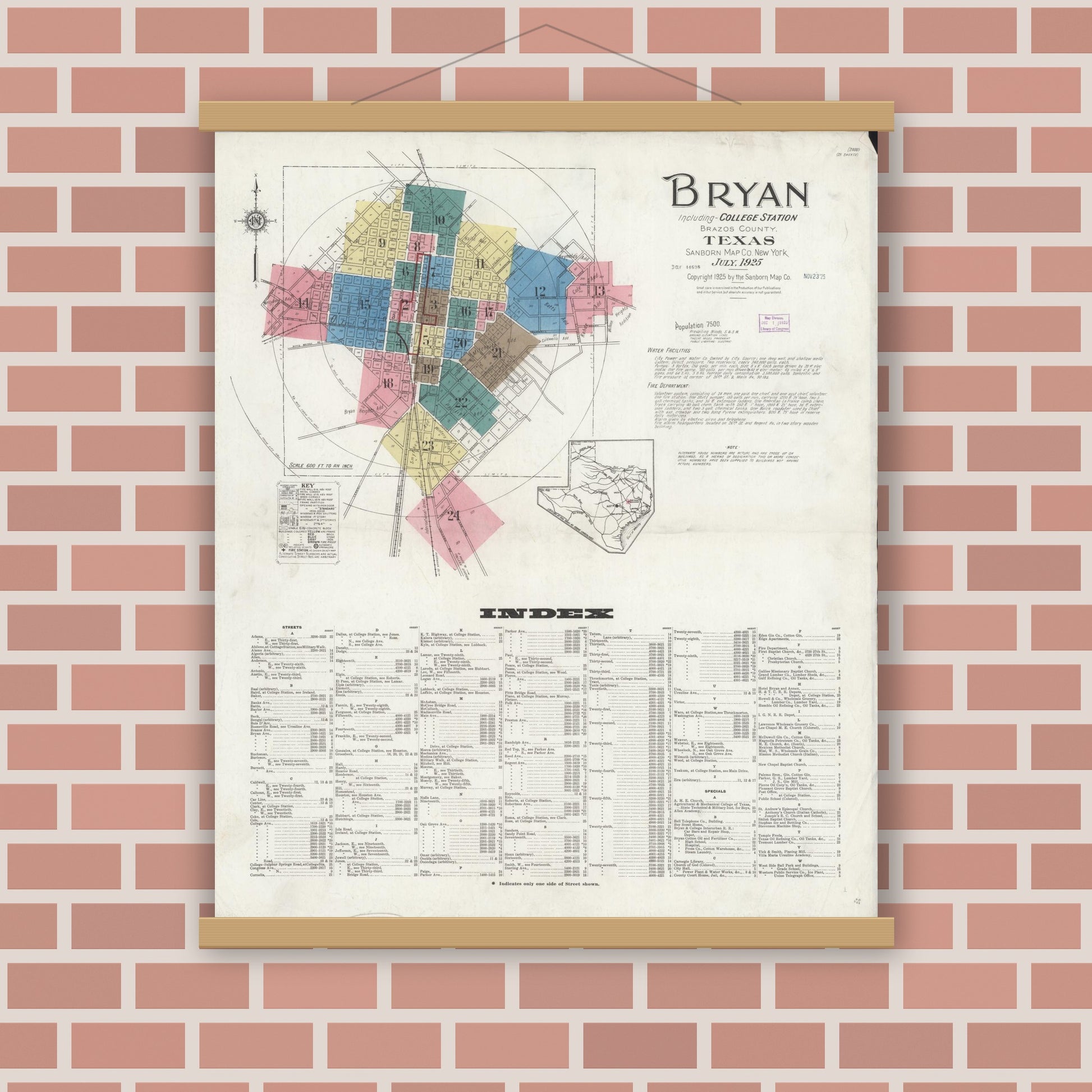 Old map wall art mockup — magnetic wood frame on brick wall — Sanborn Fire Insurance Map from Bryan, Brazos County, Texas (1925), Sheet #0001