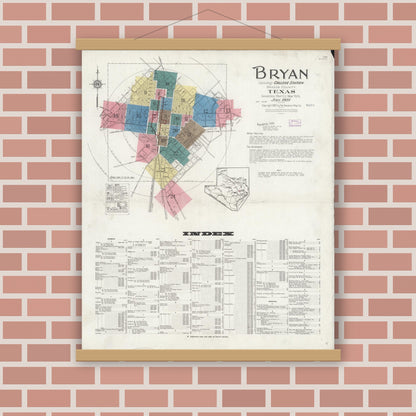 Old map wall art mockup — magnetic wood frame on brick wall — Sanborn Fire Insurance Map from Bryan, Brazos County, Texas (1925), Sheet #0001