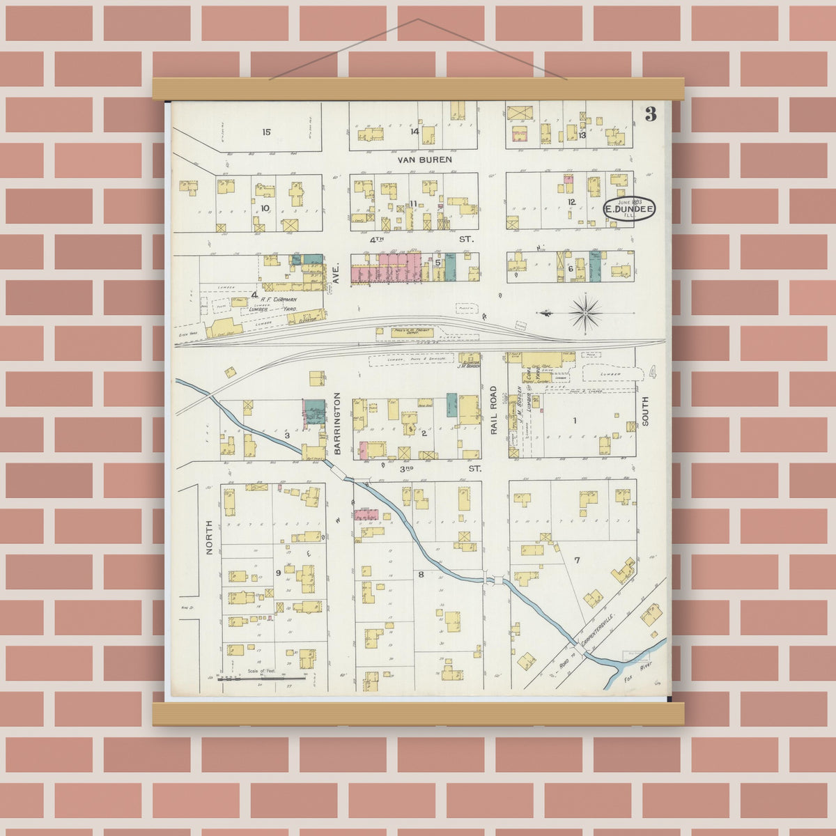 Old map wall art mockup — magnetic wood frame on brick wall — Sanborn Fire Insurance Map from Dundee, Kane County, Illinois (1893), Sheet #0003