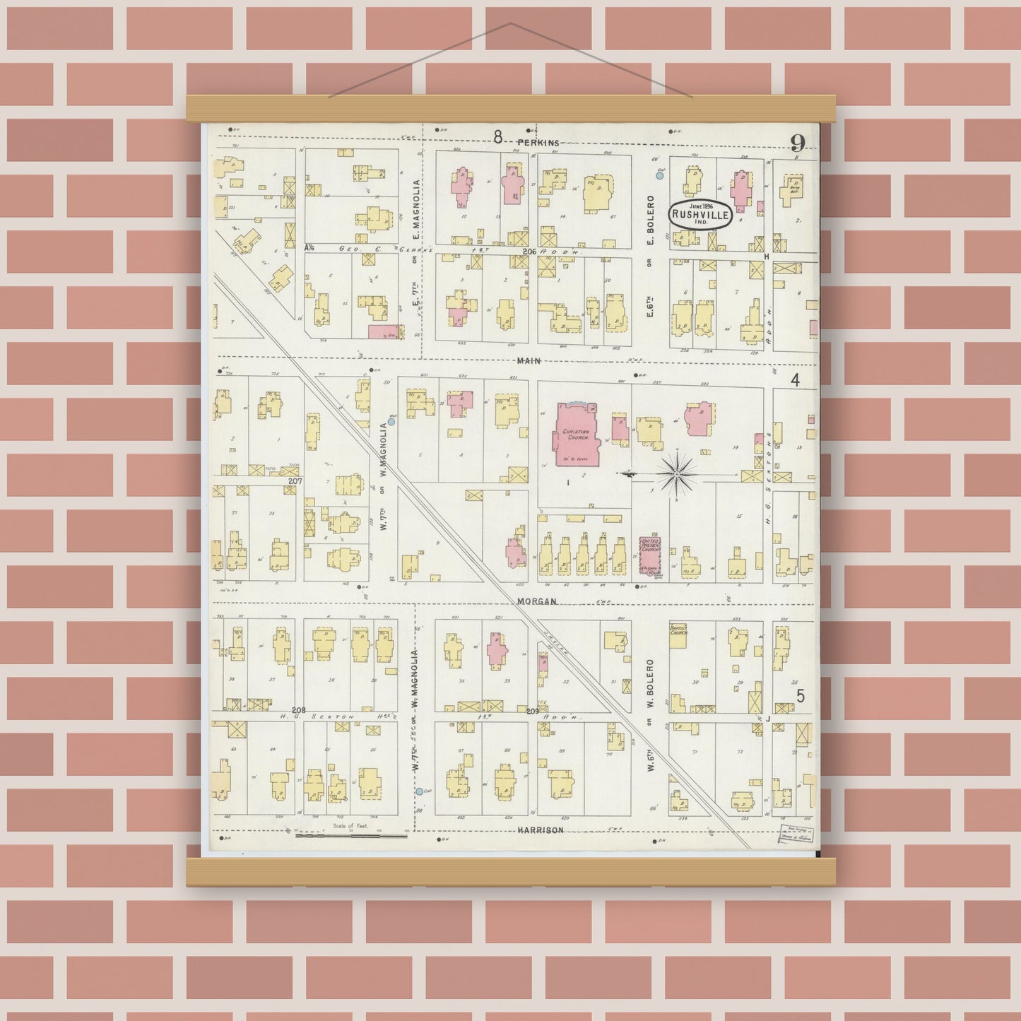 Old map wall art mockup — magnetic wood frame on brick wall — Sanborn Fire Insurance Map from Rushville, Rush County, Indiana (1896), Sheet #0009