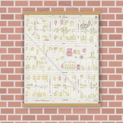 Old map wall art mockup — magnetic wood frame on brick wall — Sanborn Fire Insurance Map from Rushville, Rush County, Indiana (1896), Sheet #0009