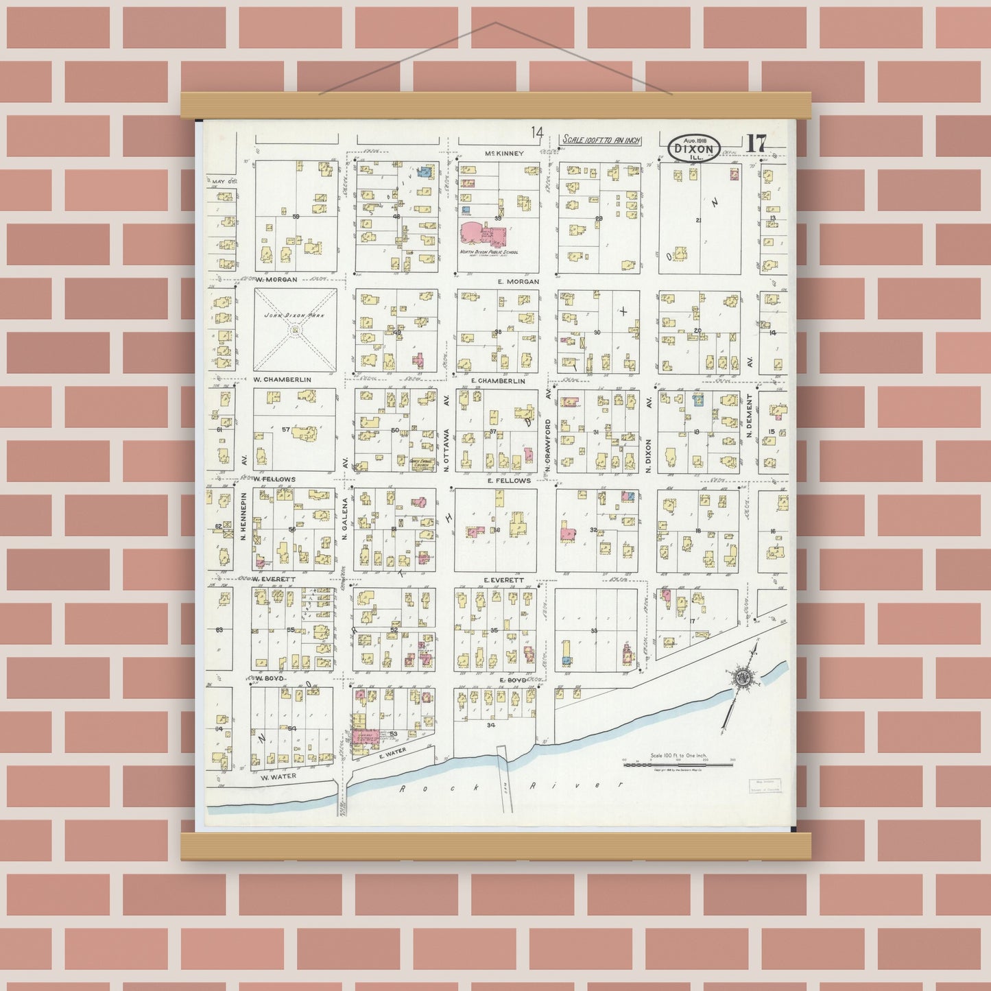 Old map wall art mockup — magnetic wood frame on brick wall — Sanborn Fire Insurance Map from Dixon, Lee County, Illinois (1918), Sheet #0017