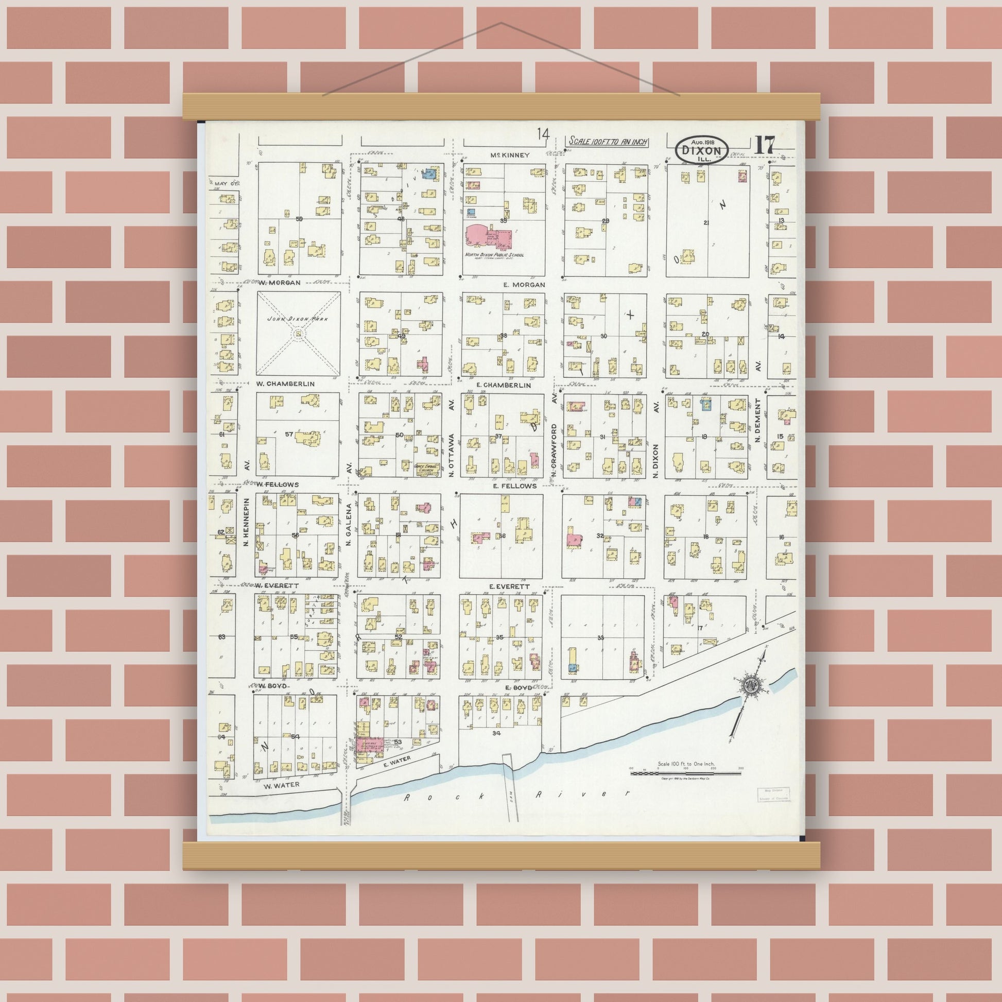 Old map wall art mockup — magnetic wood frame on brick wall — Sanborn Fire Insurance Map from Dixon, Lee County, Illinois (1918), Sheet #0017