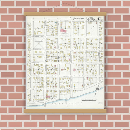 Old map wall art mockup — magnetic wood frame on brick wall — Sanborn Fire Insurance Map from Dixon, Lee County, Illinois (1918), Sheet #0017