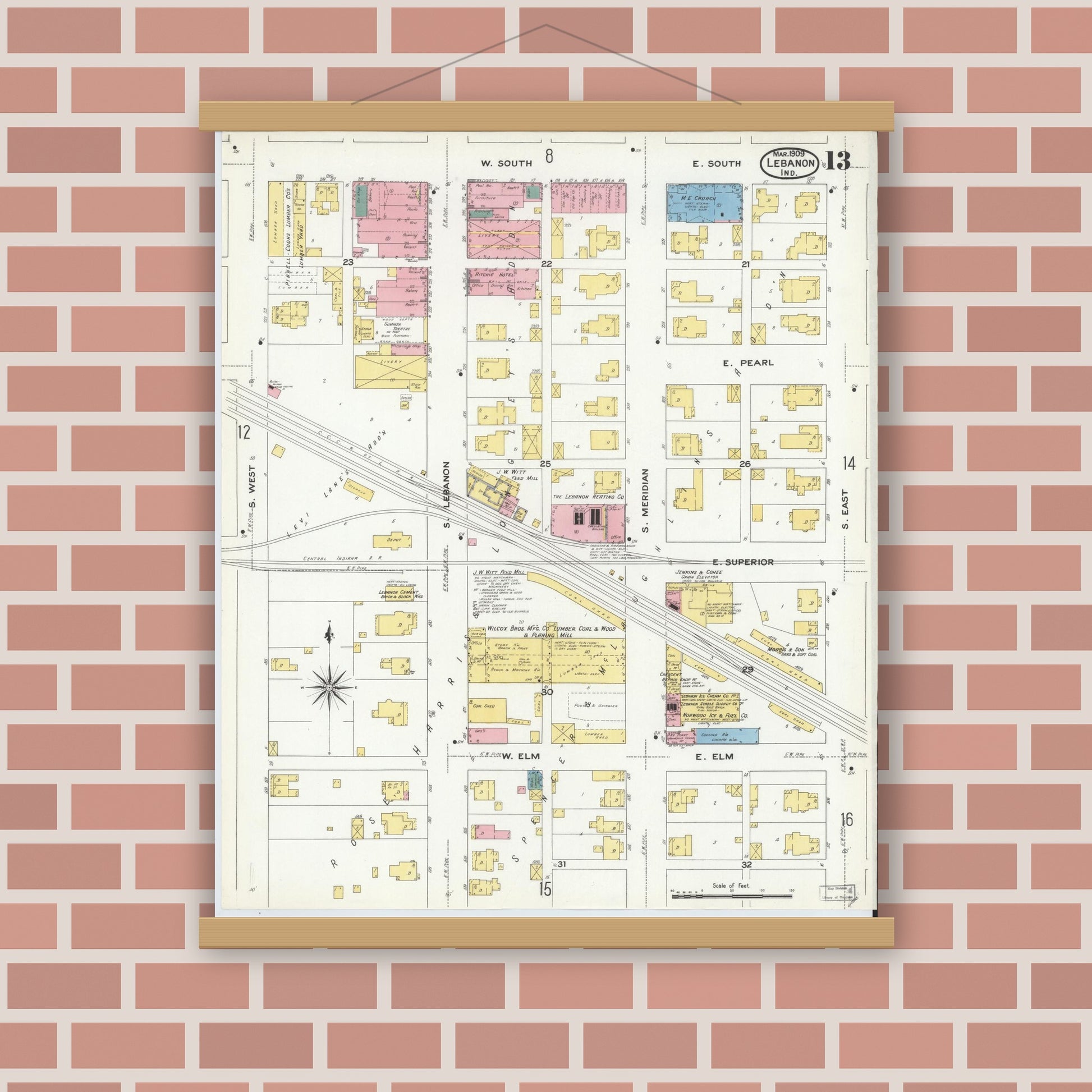Old map wall art mockup — magnetic wood frame on brick wall — Sanborn Fire Insurance Map from Lebanon, Boone County, Indiana (1909), Sheet #0013