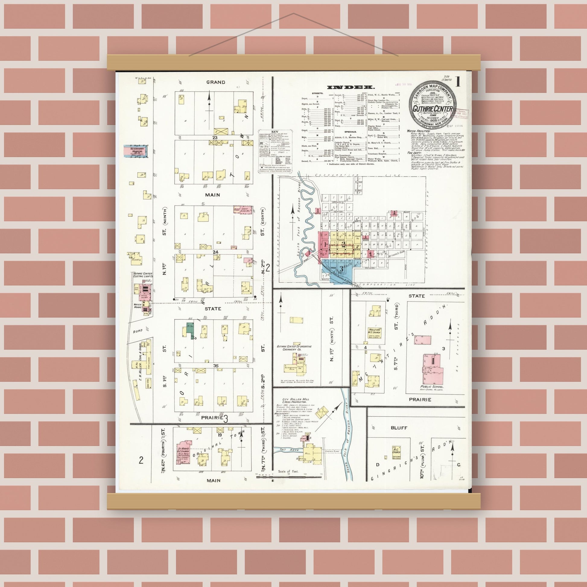 Old map wall art mockup — magnetic wood frame on brick wall — Sanborn Fire Insurance Map from Guthrie Center, Guthrie County, Iowa (1909) â€” Complete Set