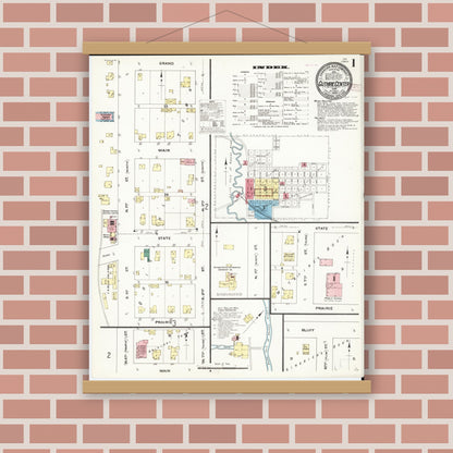 Old map wall art mockup — magnetic wood frame on brick wall — Sanborn Fire Insurance Map from Guthrie Center, Guthrie County, Iowa (1909) â€” Complete Set