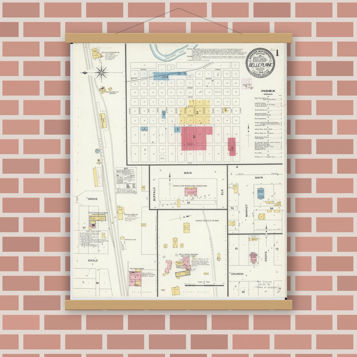 Old map wall art mockup — magnetic wood frame on brick wall — Sanborn Fire Insurance Map from Belle Plaine, Scott County, Minnesota (1909) - Complete Map Set